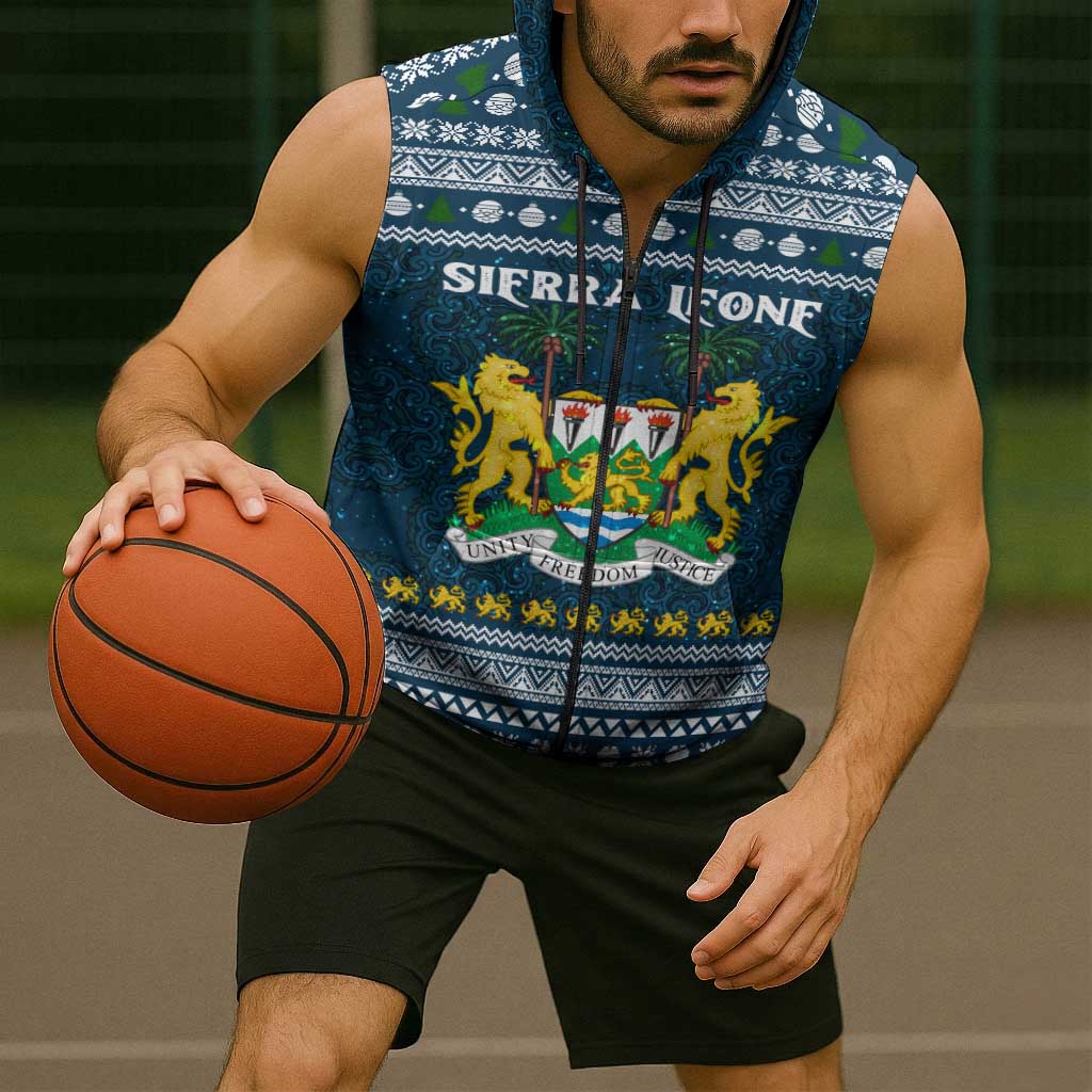 Sierra Leone Christmas Sleeveless Zip Hoodie with Ornamental Pattern, National Coat of Arms, and Festive Motif - Wonder Print Shop