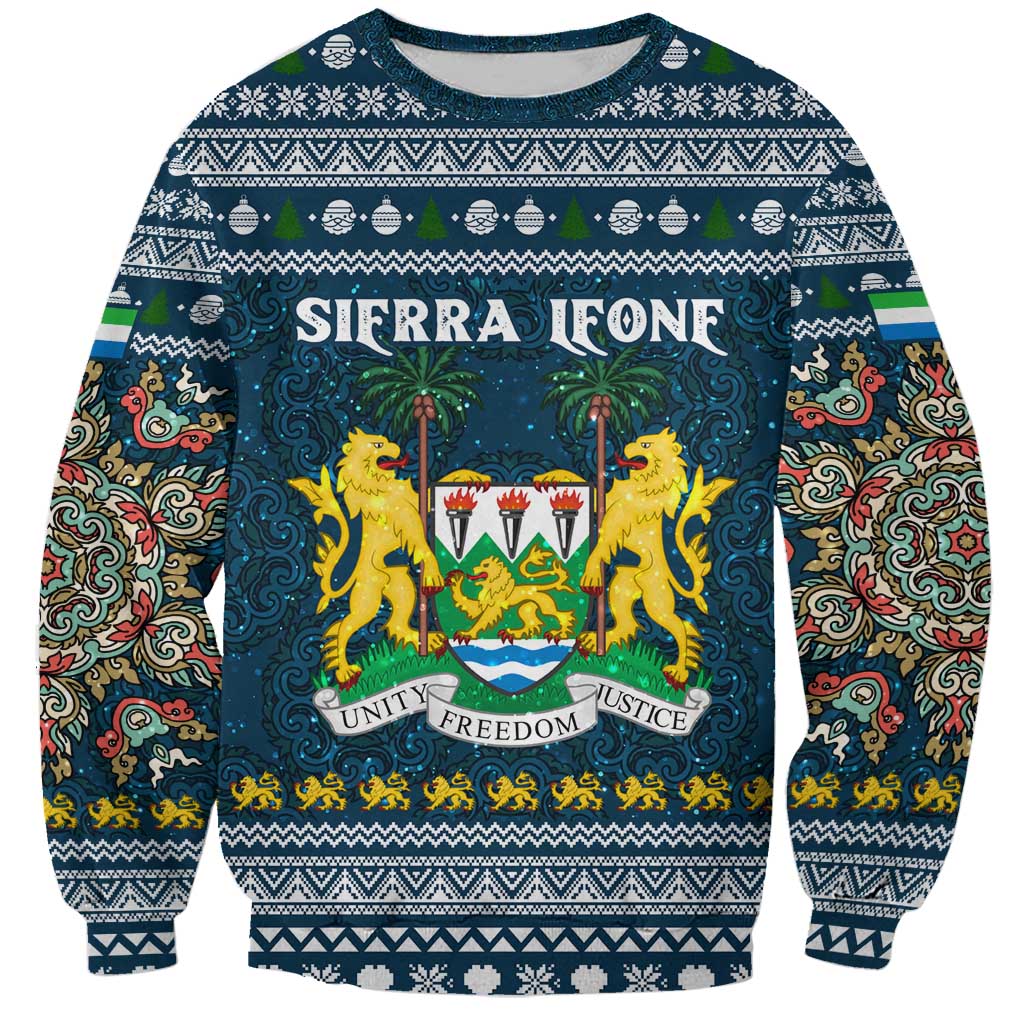 Sierra Leone Christmas Sweatshirt with Ornamental Pattern, National Coat of Arms, and Festive Motif - Wonder Print Shop