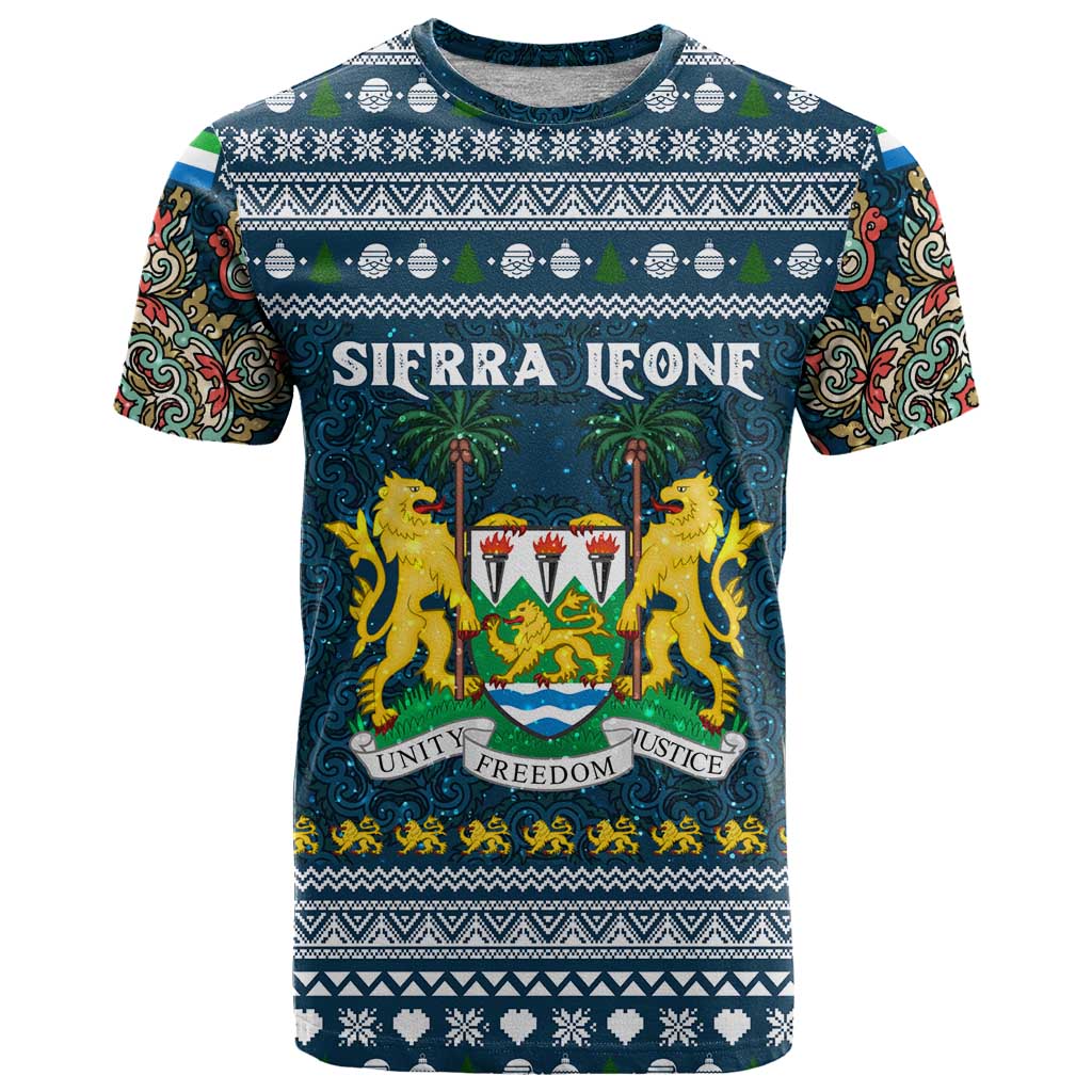 Sierra Leone Christmas T Shirt with Ornamental Pattern, National Coat of Arms, and Festive Motif - Wonder Print Shop