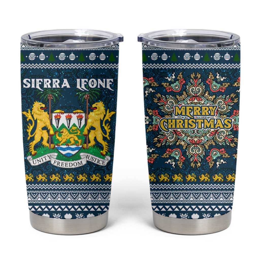 Sierra Leone Christmas Tumbler Cup with Ornamental Pattern, National Coat of Arms, and Festive Motif - Wonder Print Shop