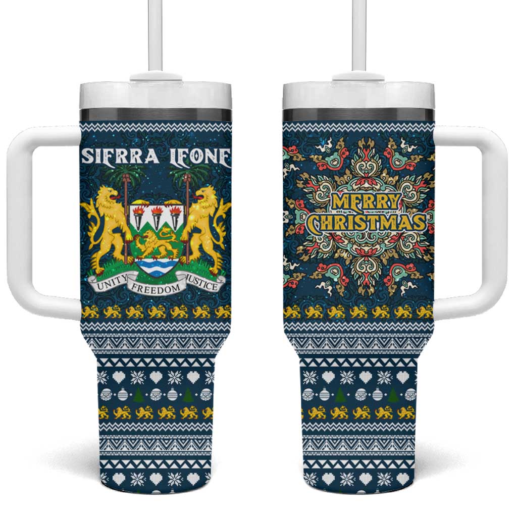 Sierra Leone Christmas Tumbler With Handle with Ornamental Pattern, National Coat of Arms, and Festive Motif - Wonder Print Shop