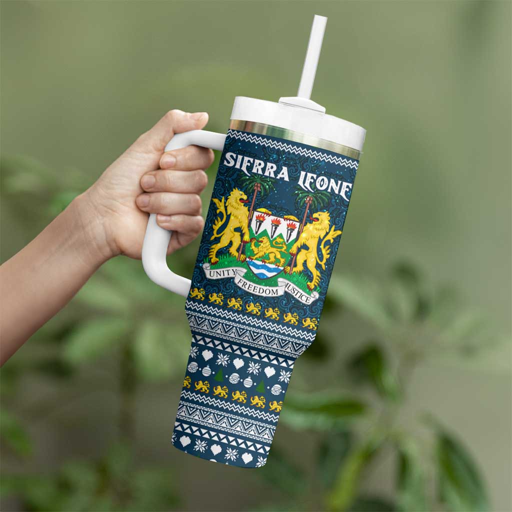 Sierra Leone Christmas Tumbler With Handle with Ornamental Pattern, National Coat of Arms, and Festive Motif - Wonder Print Shop
