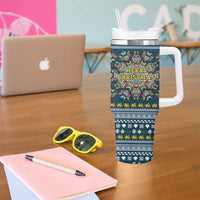 Sierra Leone Christmas Tumbler With Handle with Ornamental Pattern, National Coat of Arms, and Festive Motif - Wonder Print Shop