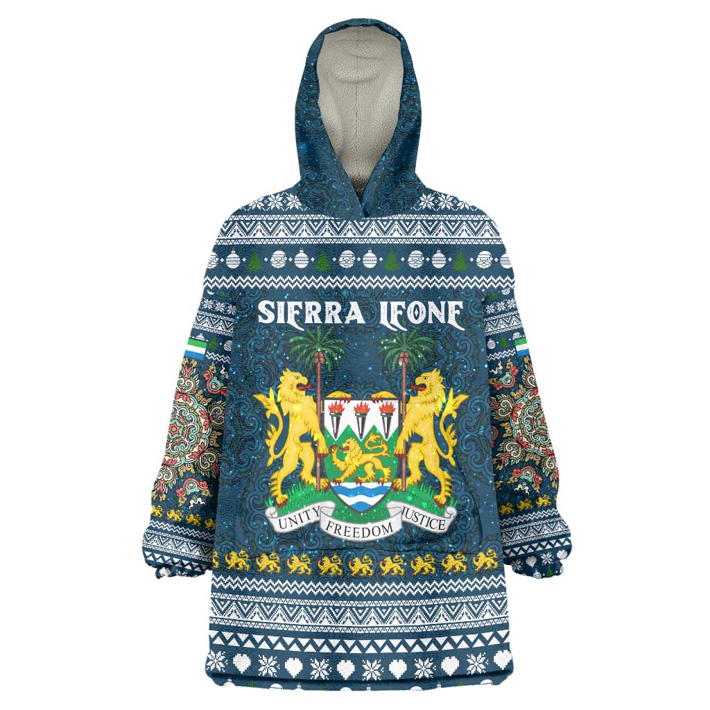 Sierra Leone Christmas Wearable Blanket Hoodie with Ornamental Pattern, National Coat of Arms, and Festive Motif - Wonder Print Shop