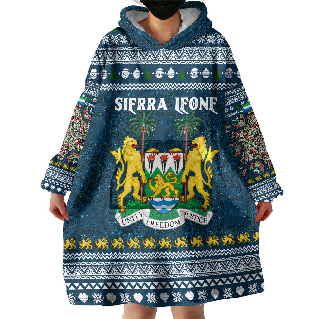 Sierra Leone Christmas Wearable Blanket Hoodie with Ornamental Pattern, National Coat of Arms, and Festive Motif - Wonder Print Shop