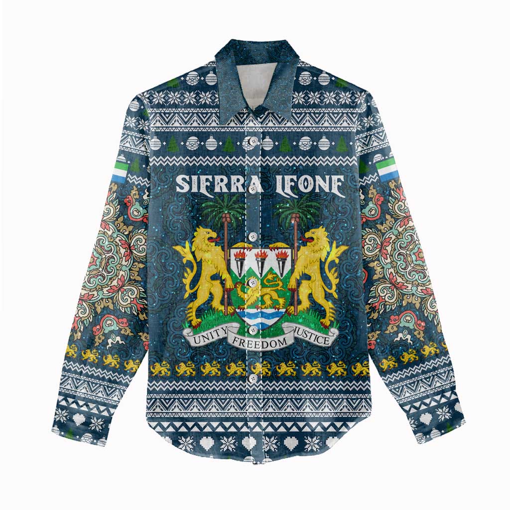Sierra Leone Christmas Women Casual Shirt with Ornamental Pattern, National Coat of Arms, and Festive Motif - Wonder Print Shop