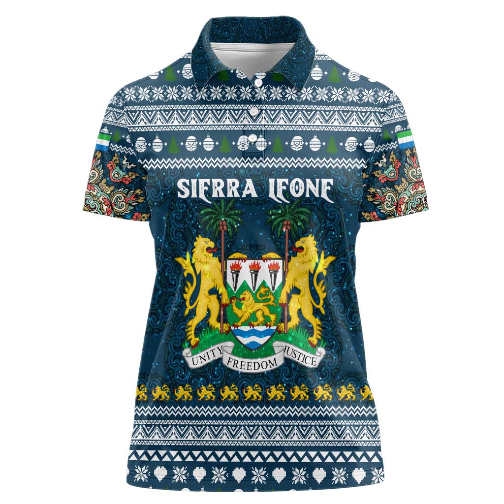 Sierra Leone Christmas Women Polo Shirt with Ornamental Pattern, National Coat of Arms, and Festive Motif - Wonder Print Shop