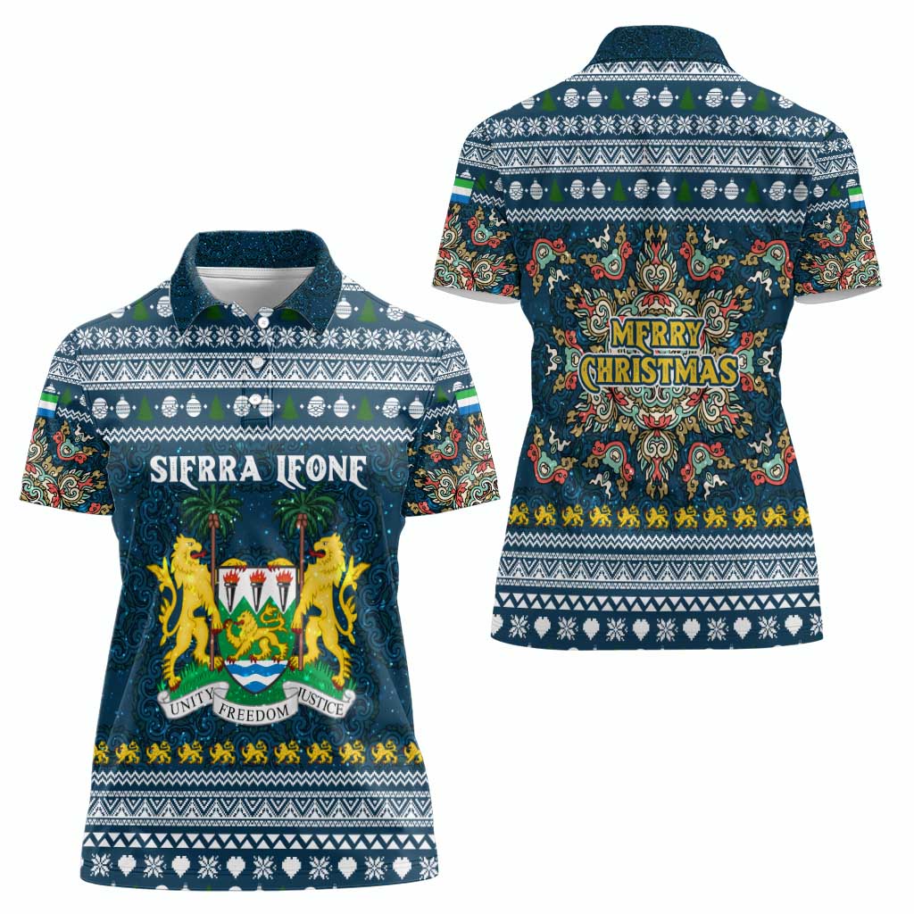 Sierra Leone Christmas Women Polo Shirt with Ornamental Pattern, National Coat of Arms, and Festive Motif - Wonder Print Shop