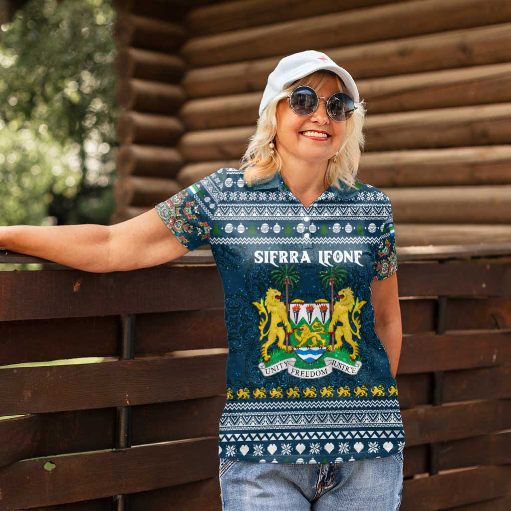 Sierra Leone Christmas Women Polo Shirt with Ornamental Pattern, National Coat of Arms, and Festive Motif - Wonder Print Shop