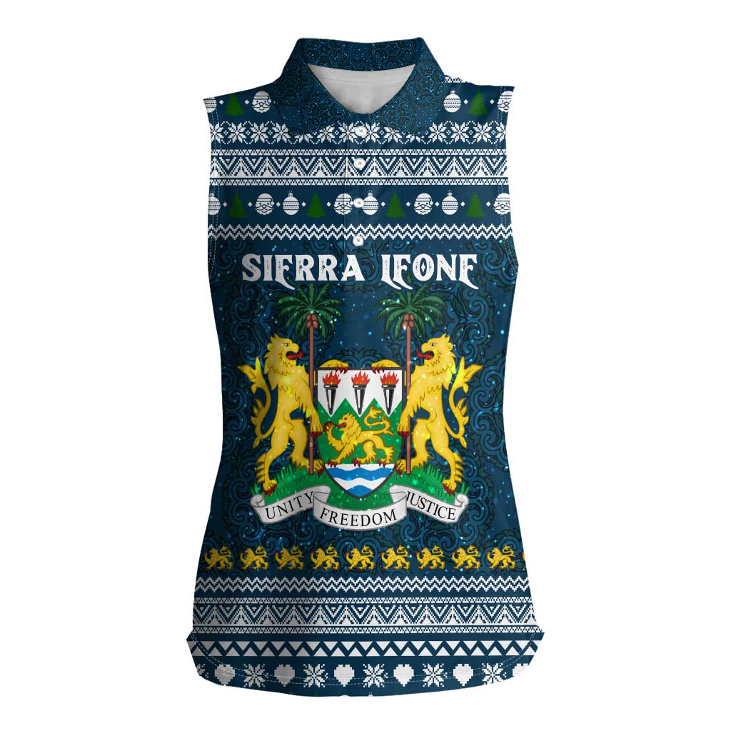 Sierra Leone Christmas Women Sleeveless Polo Shirt with Ornamental Pattern, National Coat of Arms, and Festive Motif - Wonder Print Shop