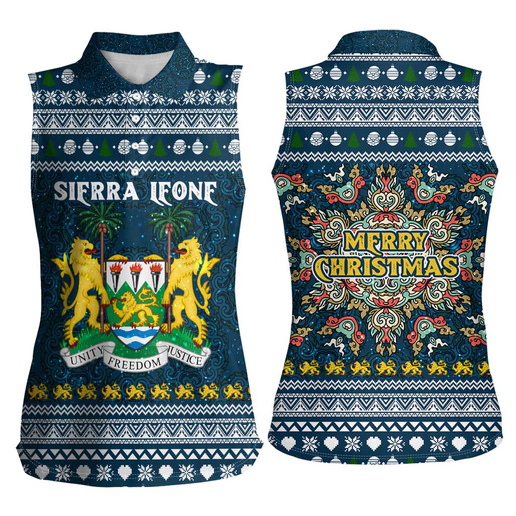 Sierra Leone Christmas Women Sleeveless Polo Shirt with Ornamental Pattern, National Coat of Arms, and Festive Motif - Wonder Print Shop