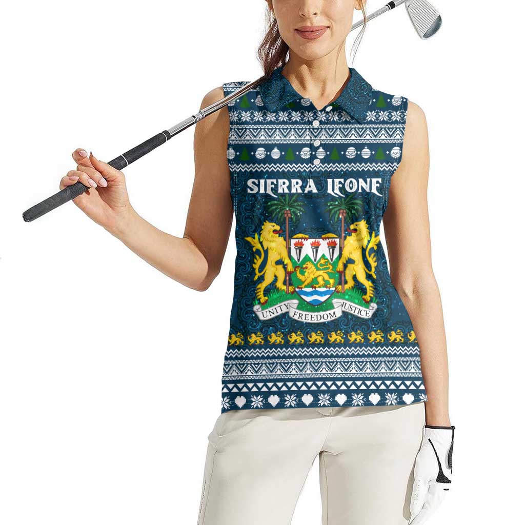 Sierra Leone Christmas Women Sleeveless Polo Shirt with Ornamental Pattern, National Coat of Arms, and Festive Motif - Wonder Print Shop