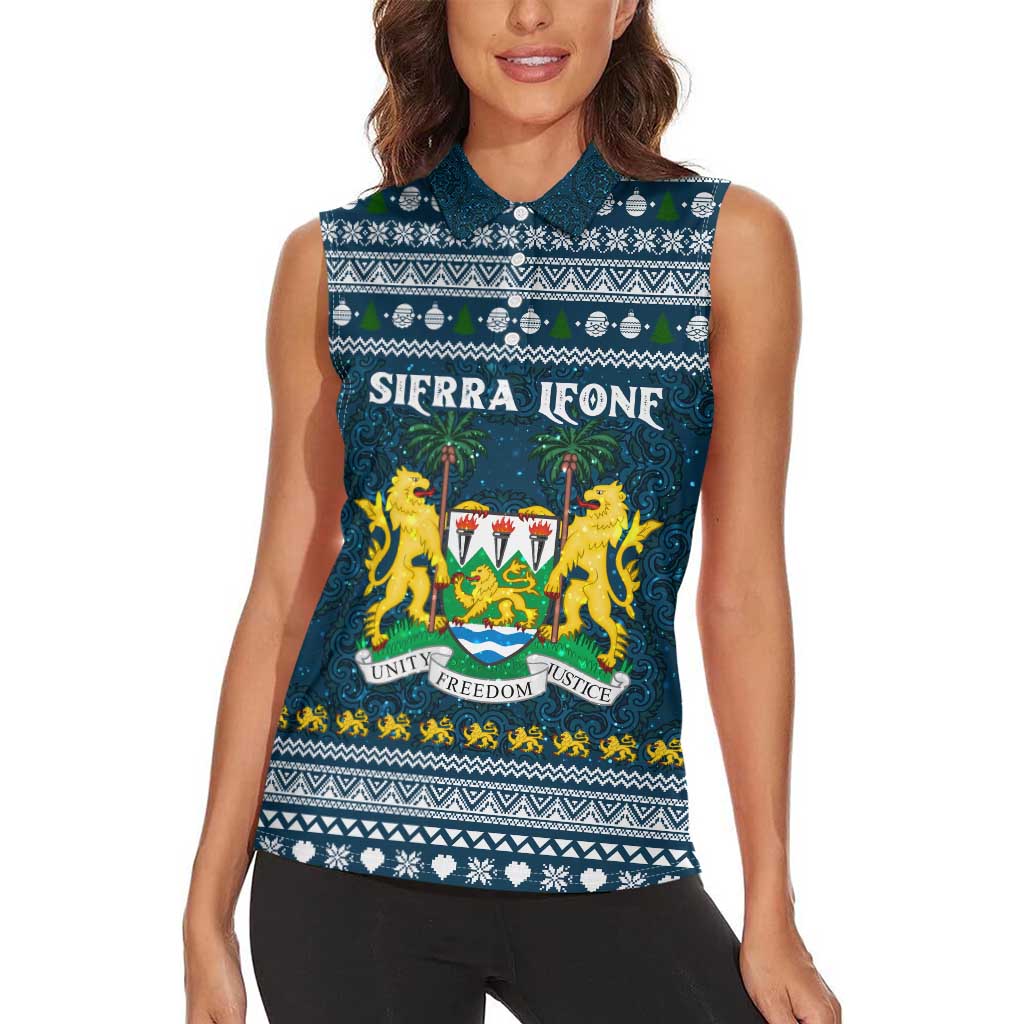 Sierra Leone Christmas Women Sleeveless Polo Shirt with Ornamental Pattern, National Coat of Arms, and Festive Motif - Wonder Print Shop