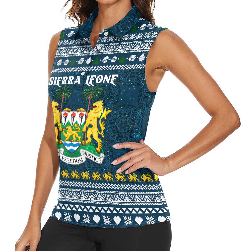 Sierra Leone Christmas Women Sleeveless Polo Shirt with Ornamental Pattern, National Coat of Arms, and Festive Motif - Wonder Print Shop