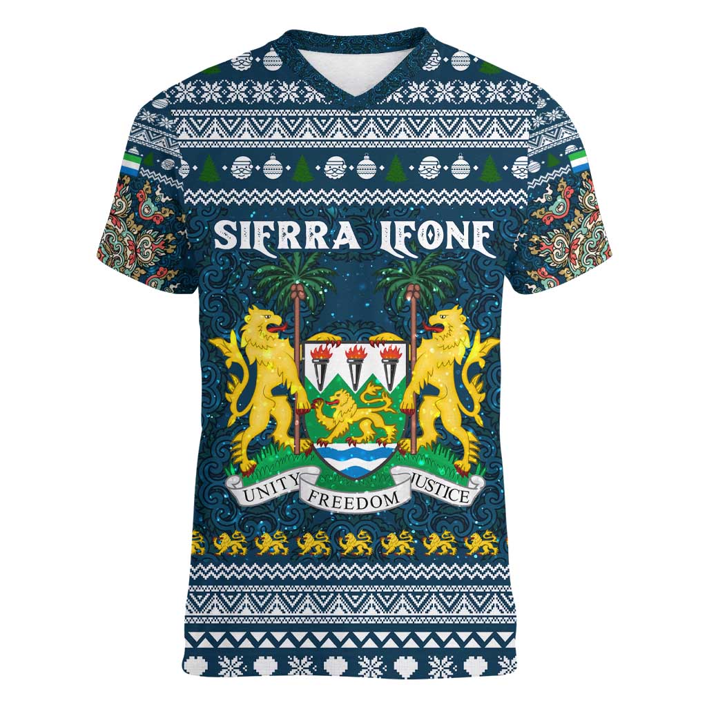 Sierra Leone Christmas Women V-Neck T-Shirt with Ornamental Pattern, National Coat of Arms, and Festive Motif - Wonder Print Shop
