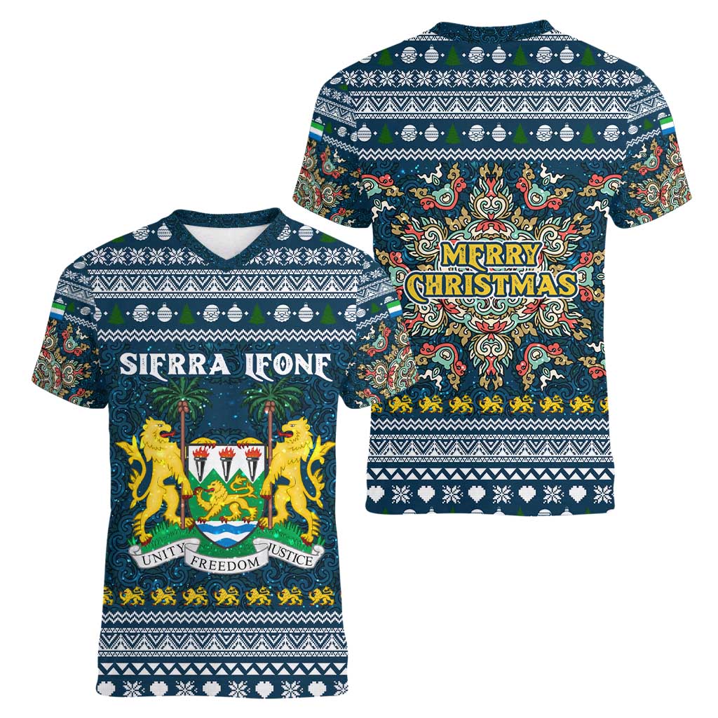 Sierra Leone Christmas Women V-Neck T-Shirt with Ornamental Pattern, National Coat of Arms, and Festive Motif - Wonder Print Shop