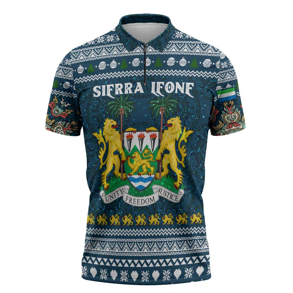 Sierra Leone Christmas Zipper Polo Shirt with Ornamental Pattern, National Coat of Arms, and Festive Motif - Wonder Print Shop