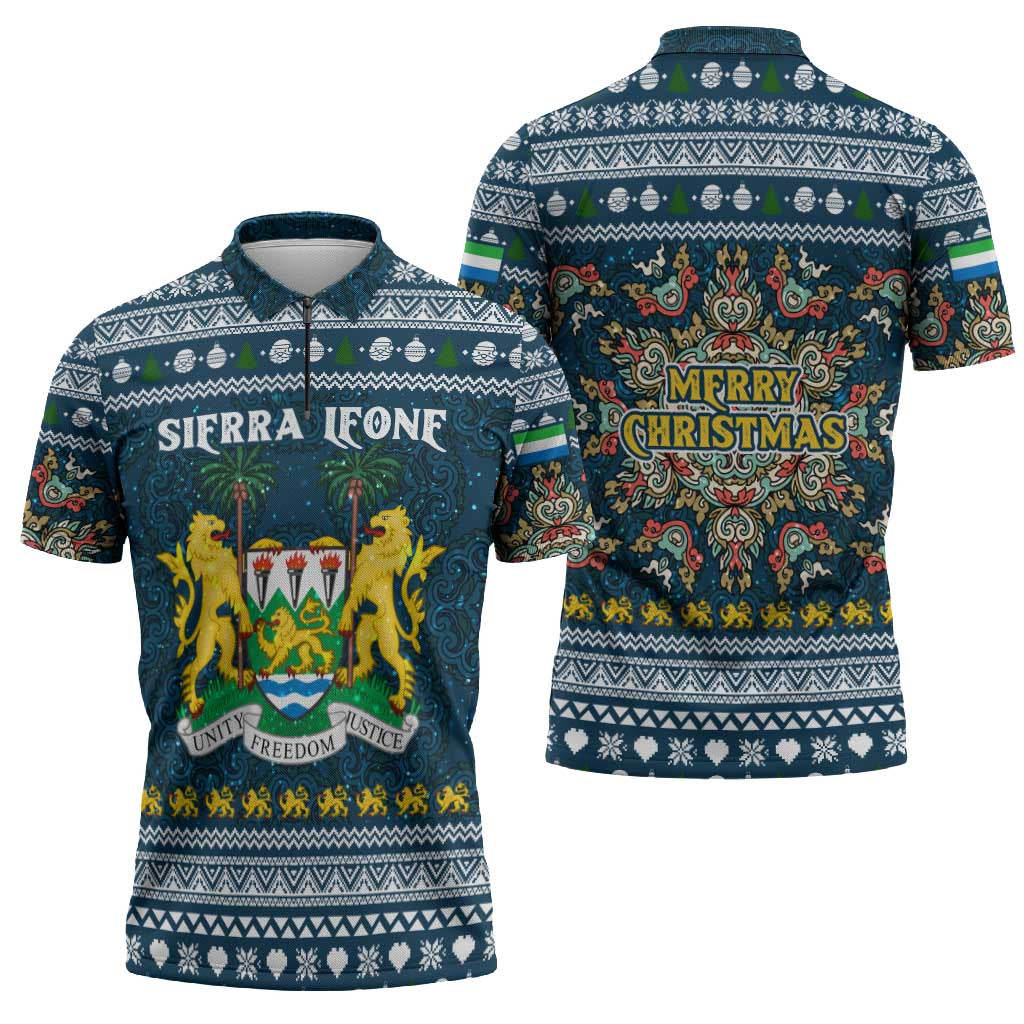 Sierra Leone Christmas Zipper Polo Shirt with Ornamental Pattern, National Coat of Arms, and Festive Motif - Wonder Print Shop