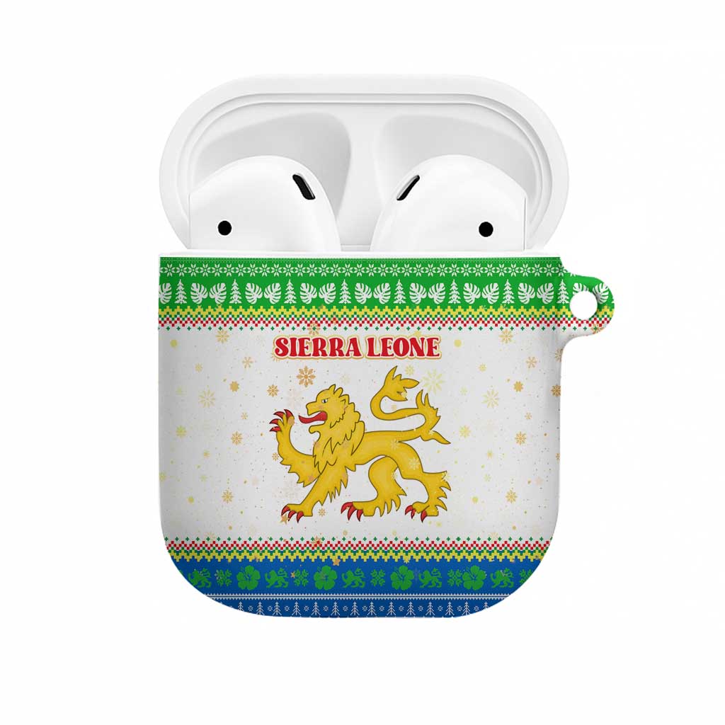 Sierra Leone Christmas AirPods Case with Festive Green Pattern, Golden Lion Emblem, and Santa Sleigh Motif - Wonder Print Shop