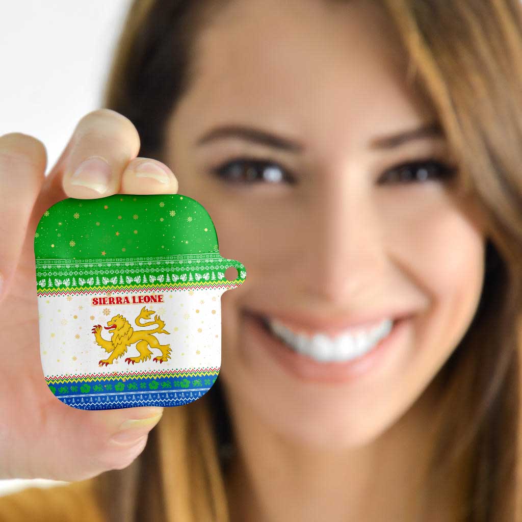 Sierra Leone Christmas AirPods Case with Festive Green Pattern, Golden Lion Emblem, and Santa Sleigh Motif - Wonder Print Shop