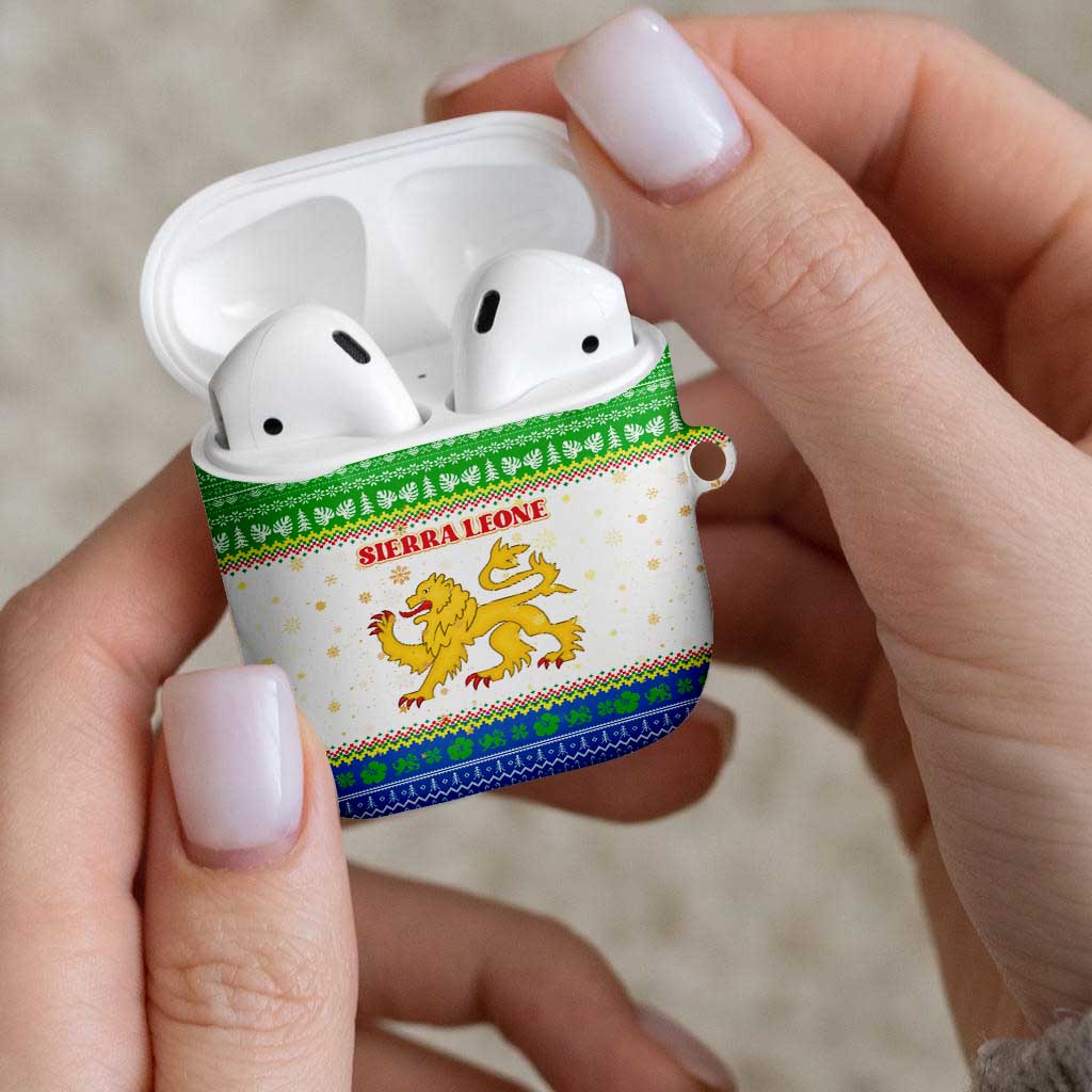 Sierra Leone Christmas AirPods Case with Festive Green Pattern, Golden Lion Emblem, and Santa Sleigh Motif - Wonder Print Shop