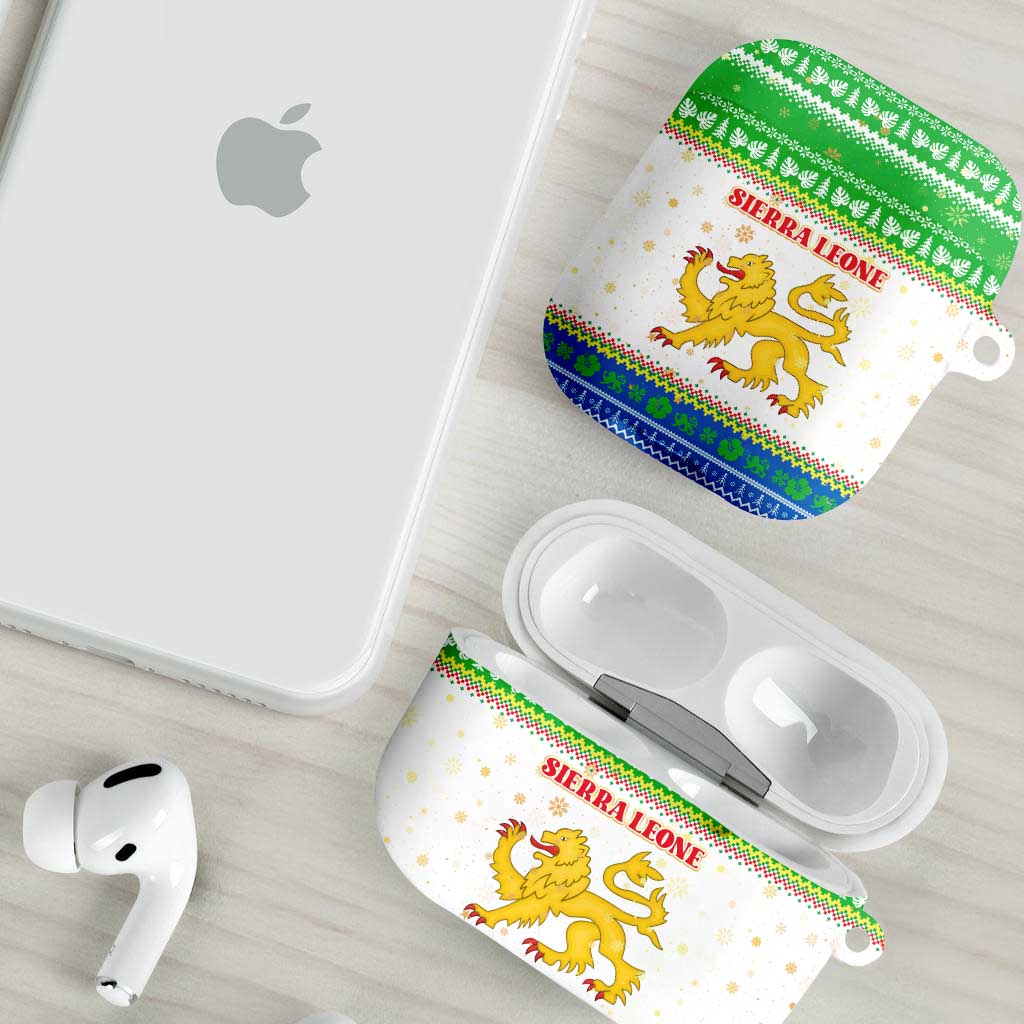 Sierra Leone Christmas AirPods Case with Festive Green Pattern, Golden Lion Emblem, and Santa Sleigh Motif - Wonder Print Shop
