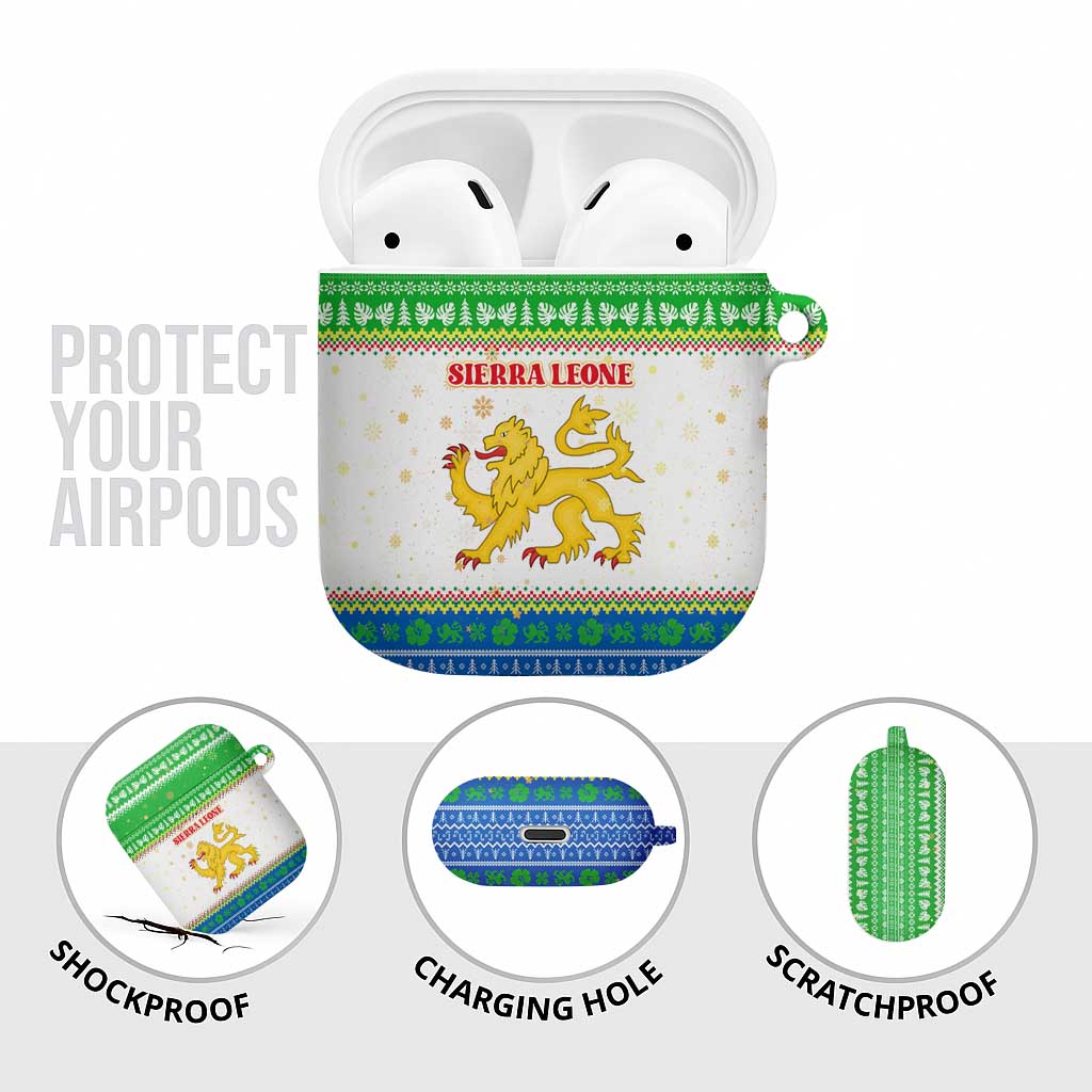 Sierra Leone Christmas AirPods Case with Festive Green Pattern, Golden Lion Emblem, and Santa Sleigh Motif - Wonder Print Shop