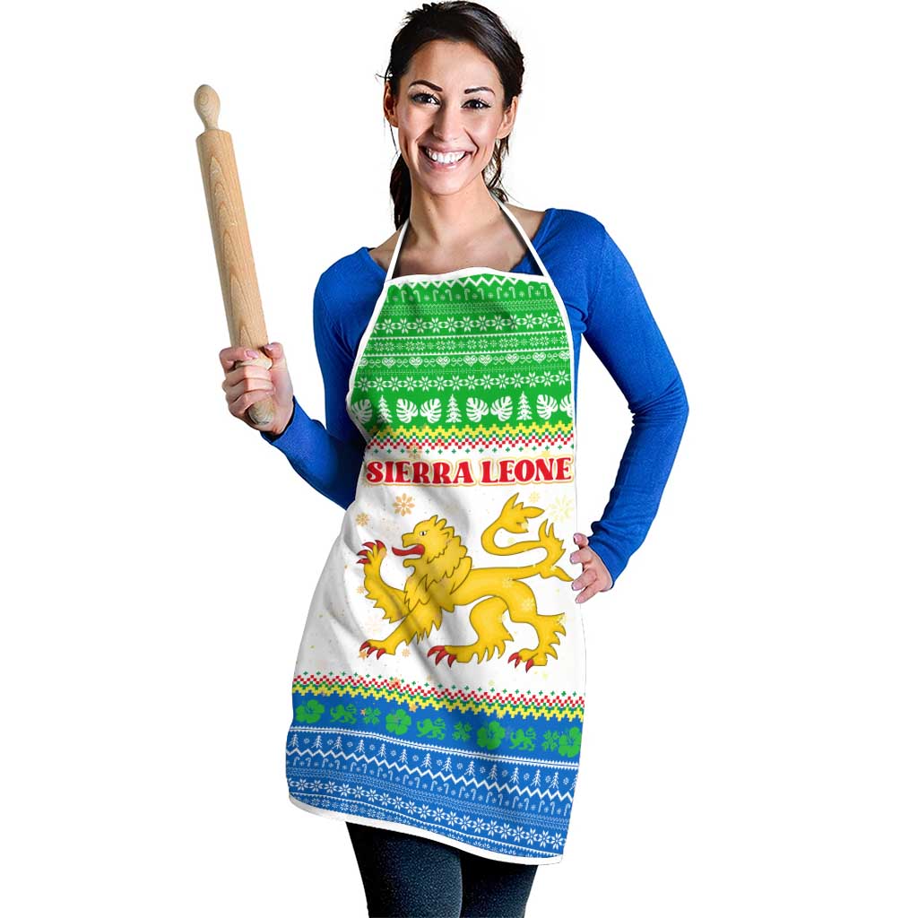 Sierra Leone Christmas Apron with Festive Green Pattern, Golden Lion Emblem, and Santa Sleigh Motif - Wonder Print Shop