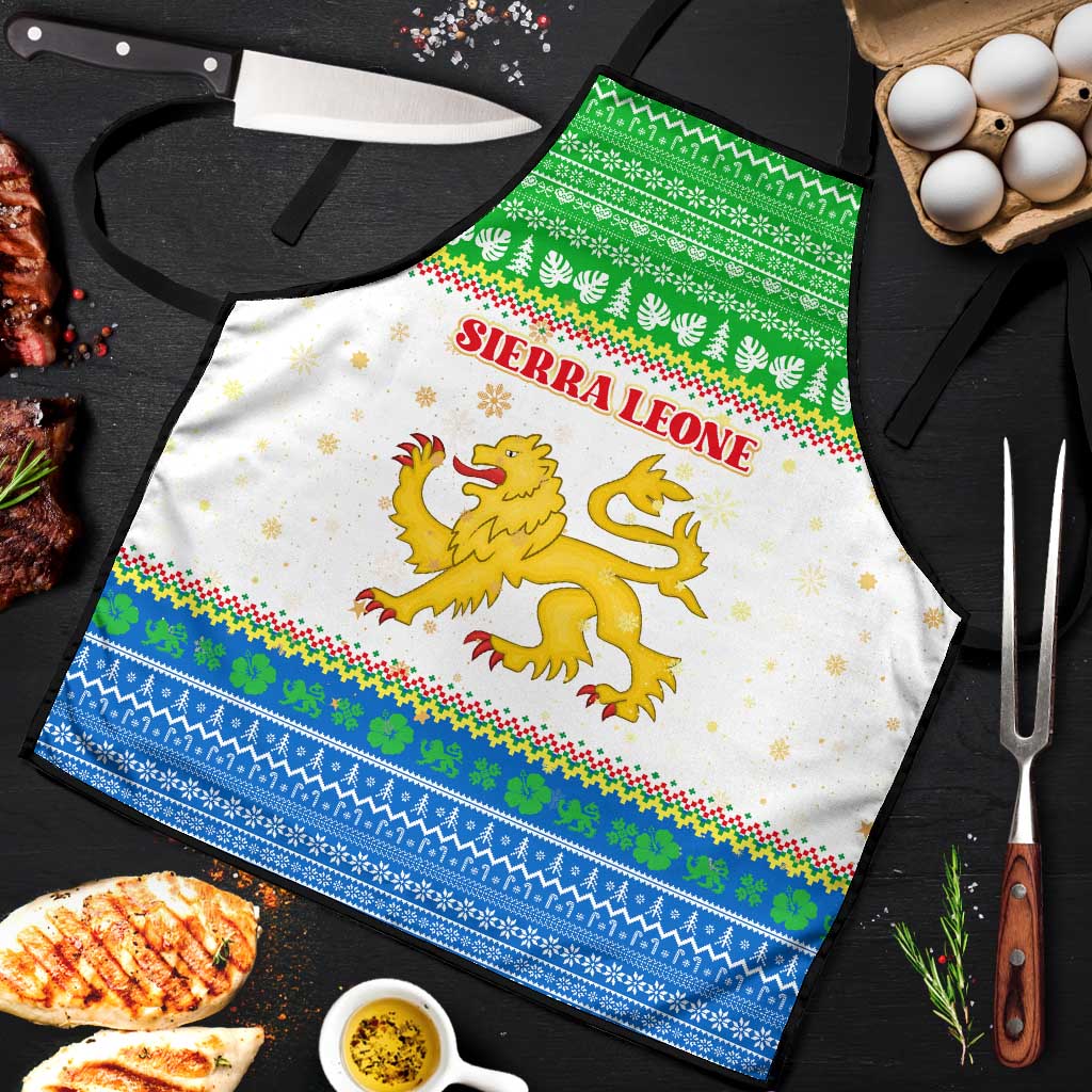 Sierra Leone Christmas Apron with Festive Green Pattern, Golden Lion Emblem, and Santa Sleigh Motif - Wonder Print Shop