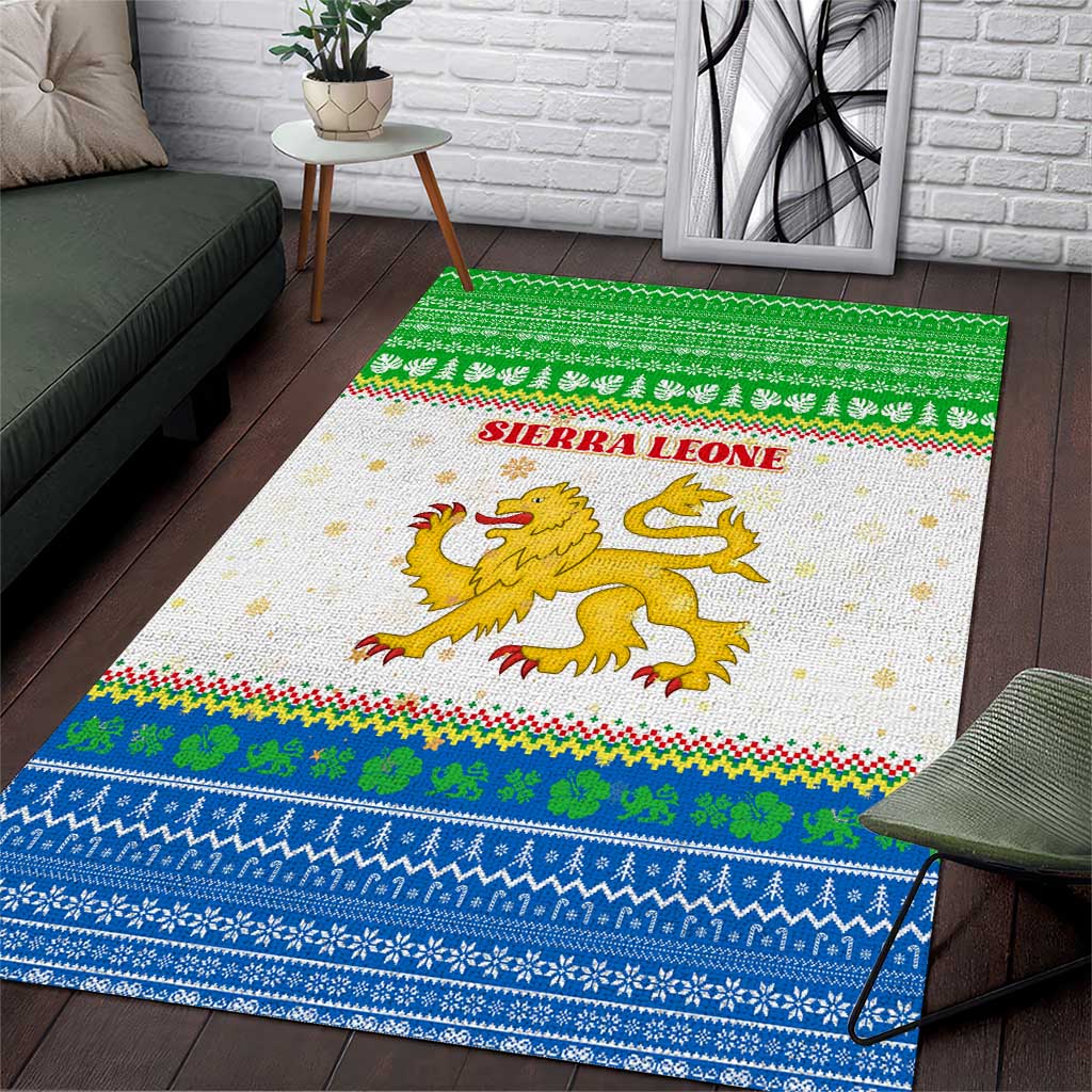 Sierra Leone Christmas Area Rug with Festive Green Pattern, Golden Lion Emblem, and Santa Sleigh Motif - Wonder Print Shop