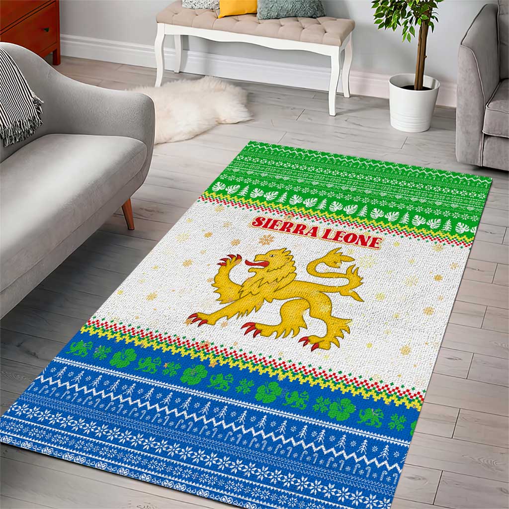 Sierra Leone Christmas Area Rug with Festive Green Pattern, Golden Lion Emblem, and Santa Sleigh Motif - Wonder Print Shop