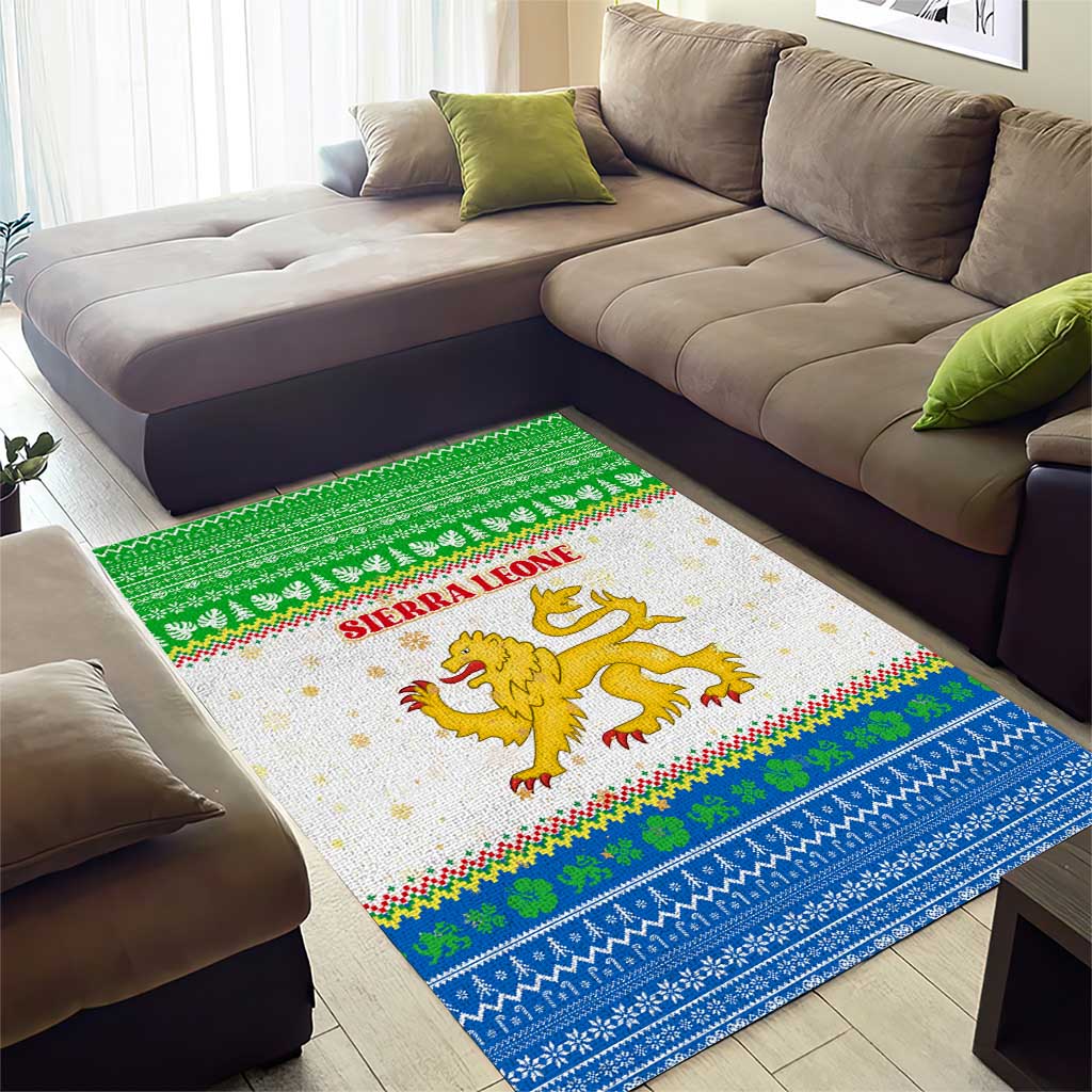 Sierra Leone Christmas Area Rug with Festive Green Pattern, Golden Lion Emblem, and Santa Sleigh Motif - Wonder Print Shop