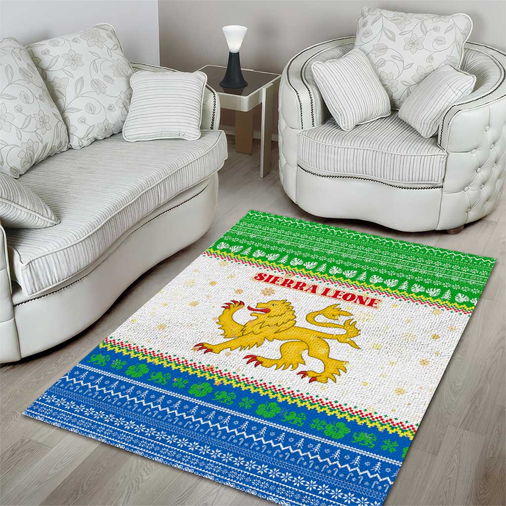 Sierra Leone Christmas Area Rug with Festive Green Pattern, Golden Lion Emblem, and Santa Sleigh Motif - Wonder Print Shop