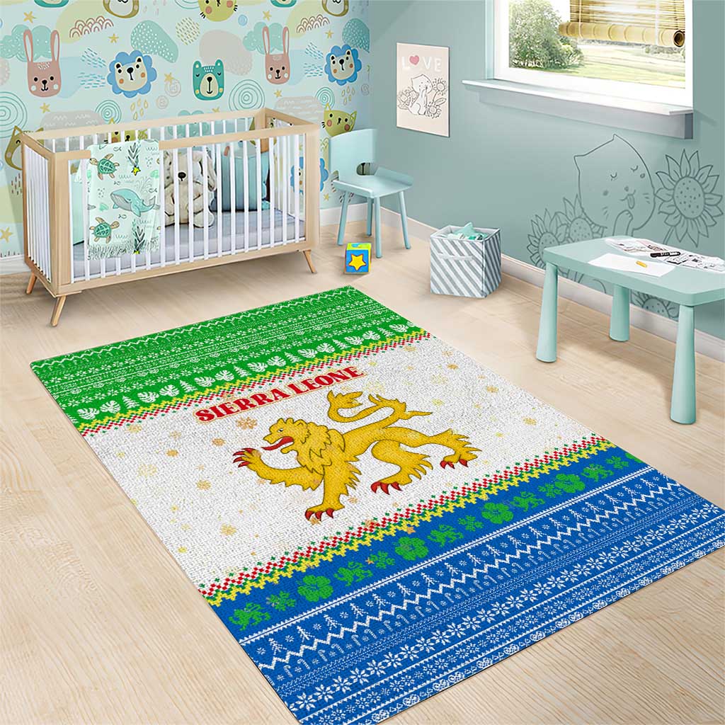 Sierra Leone Christmas Area Rug with Festive Green Pattern, Golden Lion Emblem, and Santa Sleigh Motif - Wonder Print Shop