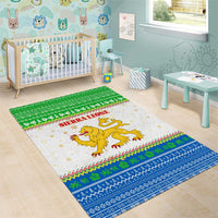 Sierra Leone Christmas Area Rug with Festive Green Pattern, Golden Lion Emblem, and Santa Sleigh Motif - Wonder Print Shop