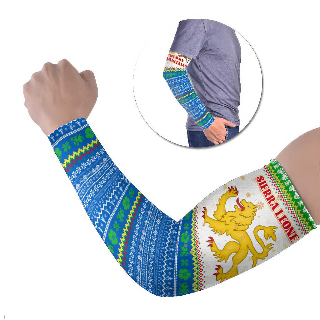 Sierra Leone Christmas Arm Sleeves with Festive Green Pattern, Golden Lion Emblem, and Santa Sleigh Motif - Wonder Print Shop