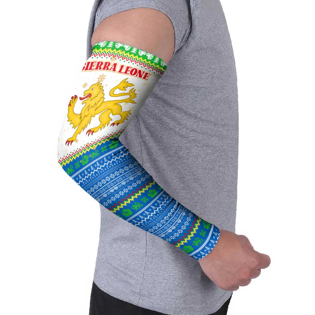 Sierra Leone Christmas Arm Sleeves with Festive Green Pattern, Golden Lion Emblem, and Santa Sleigh Motif - Wonder Print Shop