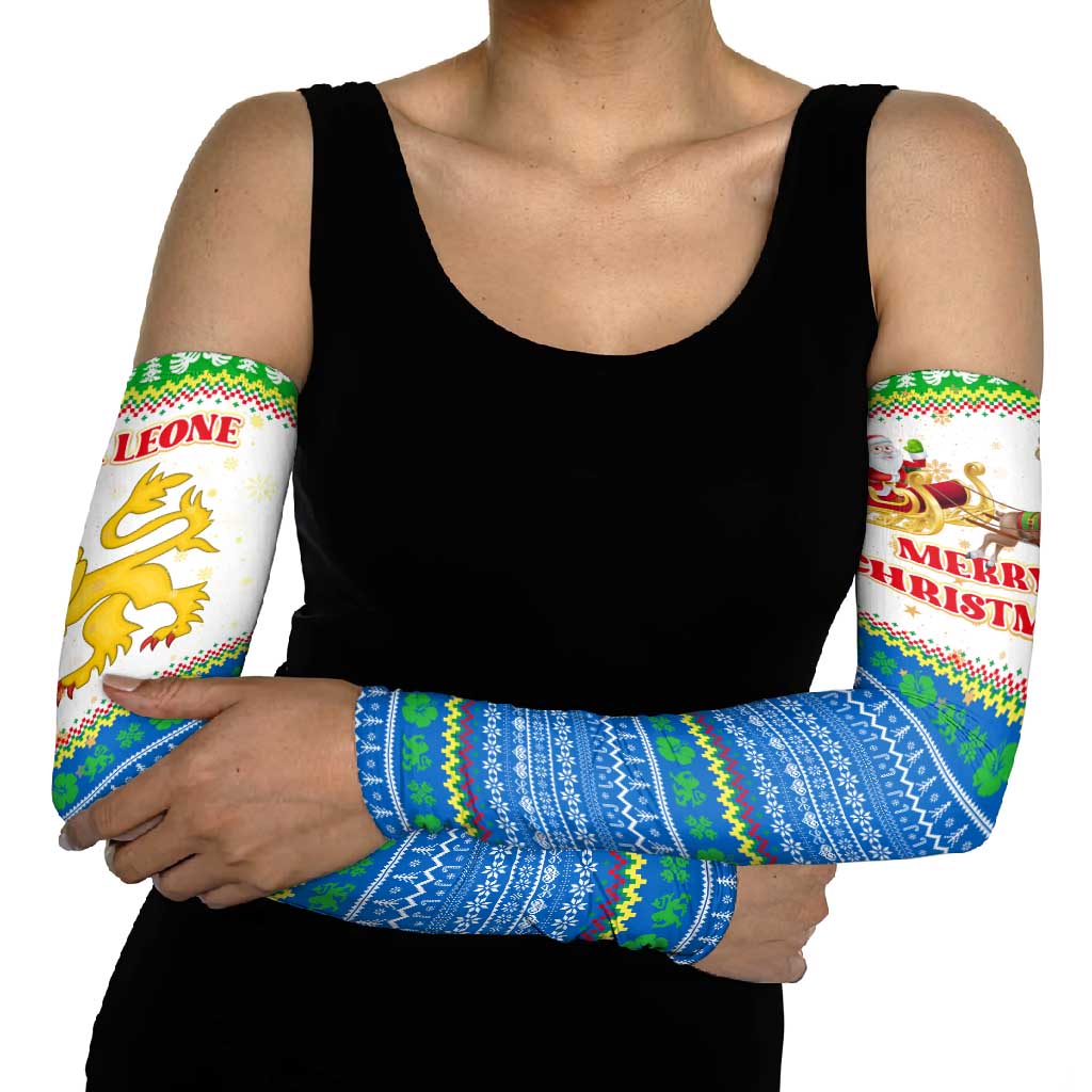 Sierra Leone Christmas Arm Sleeves with Festive Green Pattern, Golden Lion Emblem, and Santa Sleigh Motif - Wonder Print Shop