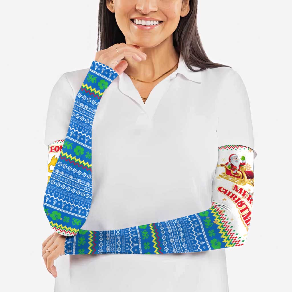 Sierra Leone Christmas Arm Sleeves with Festive Green Pattern, Golden Lion Emblem, and Santa Sleigh Motif - Wonder Print Shop