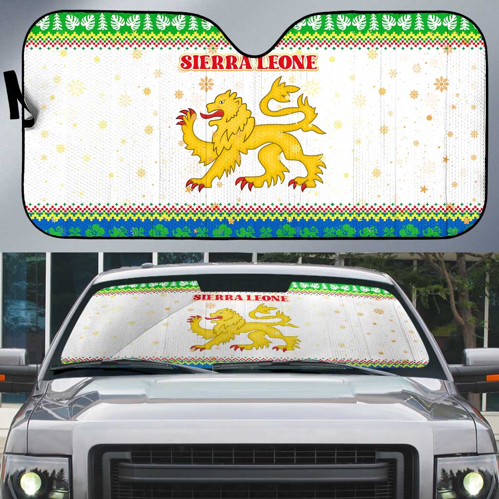 Sierra Leone Christmas Auto Sun Shade with Festive Green Pattern, Golden Lion Emblem, and Santa Sleigh Motif - Wonder Print Shop