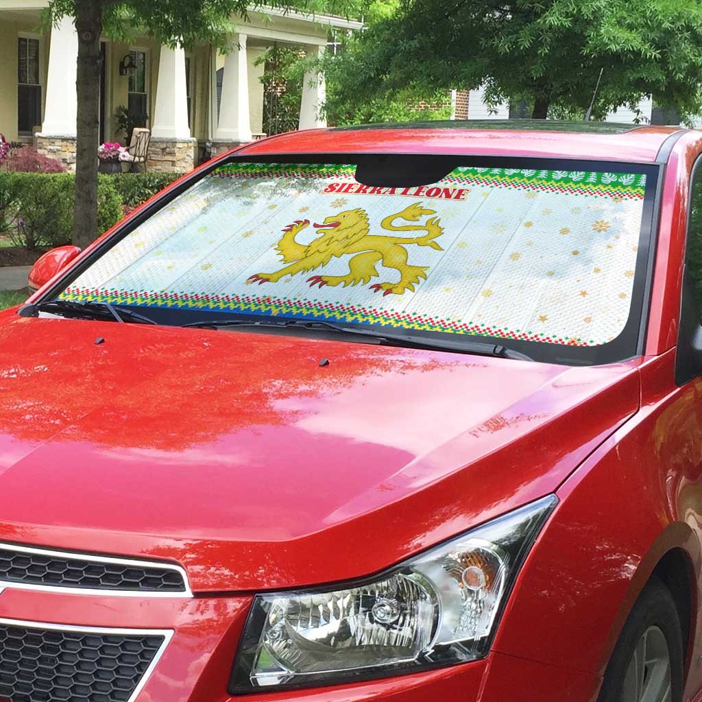 Sierra Leone Christmas Auto Sun Shade with Festive Green Pattern, Golden Lion Emblem, and Santa Sleigh Motif - Wonder Print Shop