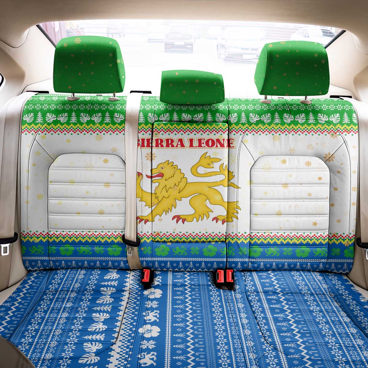 Sierra Leone Christmas Back Car Seat Cover with Festive Green Pattern, Golden Lion Emblem, and Santa Sleigh Motif - Wonder Print Shop