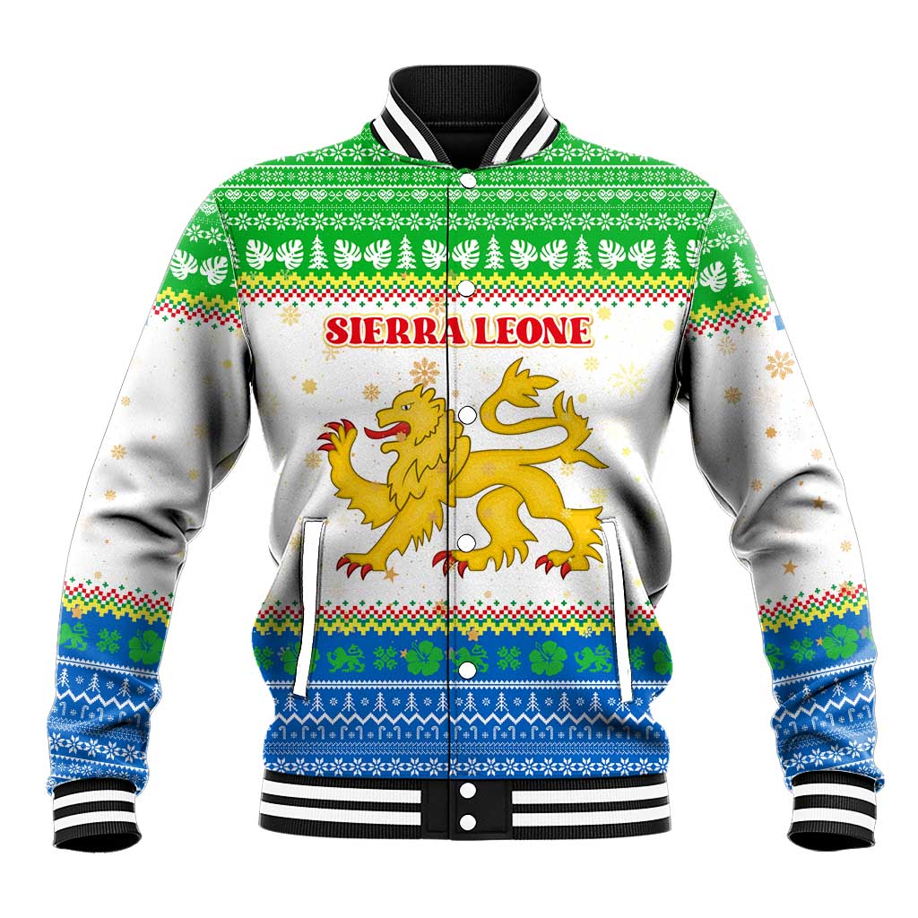 Sierra Leone Christmas Baseball Jacket with Festive Green Pattern, Golden Lion Emblem, and Santa Sleigh Motif - Wonder Print Shop