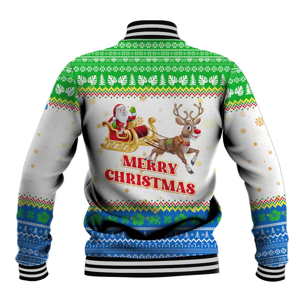 Sierra Leone Christmas Baseball Jacket with Festive Green Pattern, Golden Lion Emblem, and Santa Sleigh Motif - Wonder Print Shop