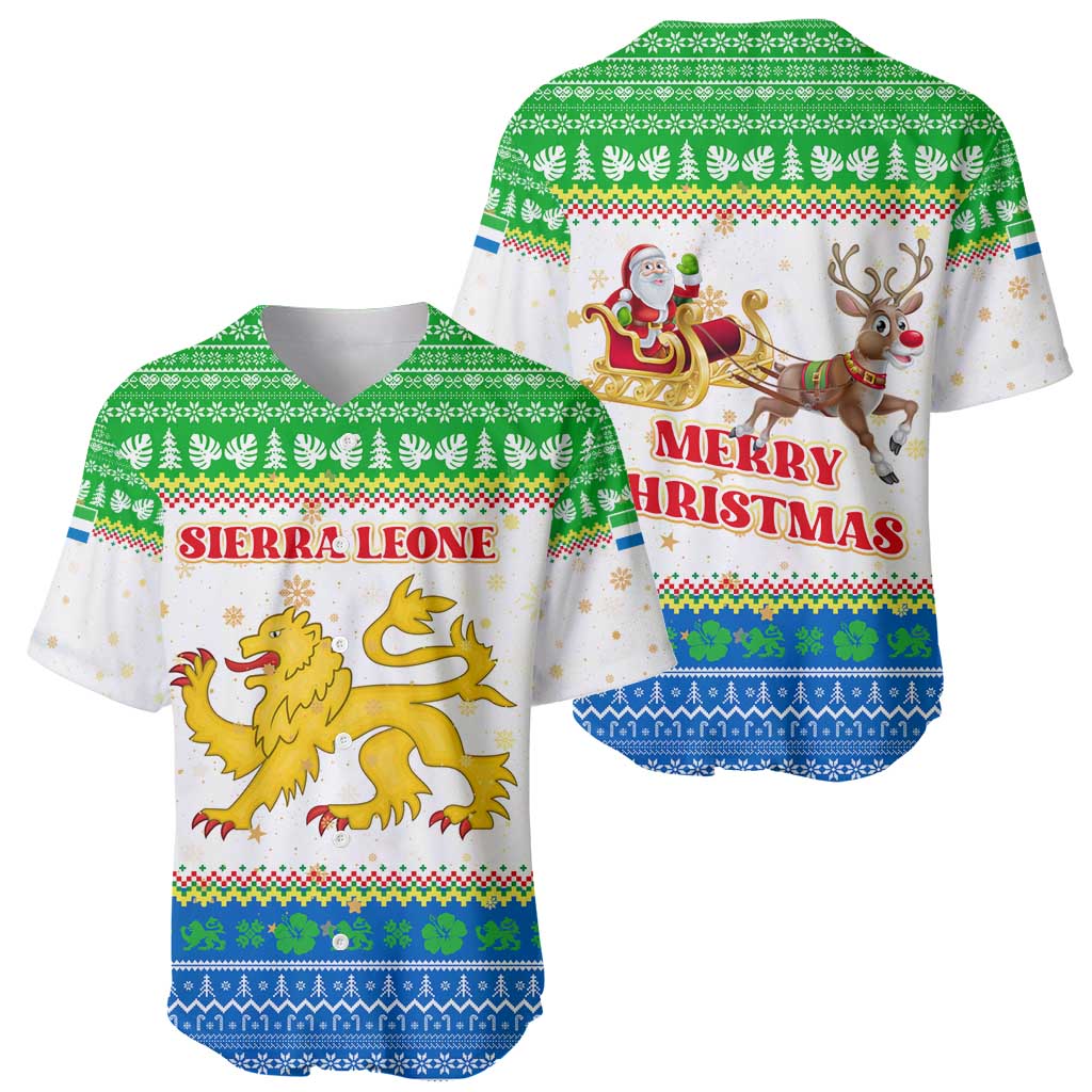 Sierra Leone Christmas Baseball Jersey with Festive Green Pattern, Golden Lion Emblem, and Santa Sleigh Motif - Wonder Print Shop