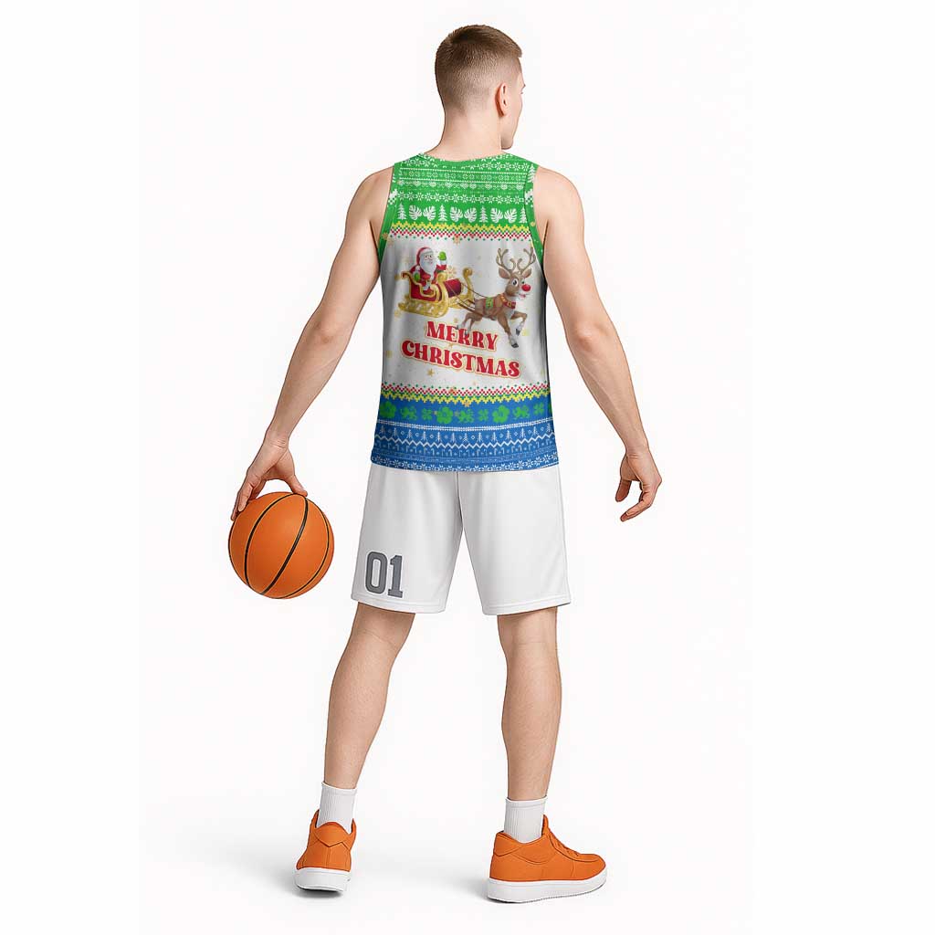 Sierra Leone Christmas Basketball Jersey with Festive Green Pattern, Golden Lion Emblem, and Santa Sleigh Motif - Wonder Print Shop