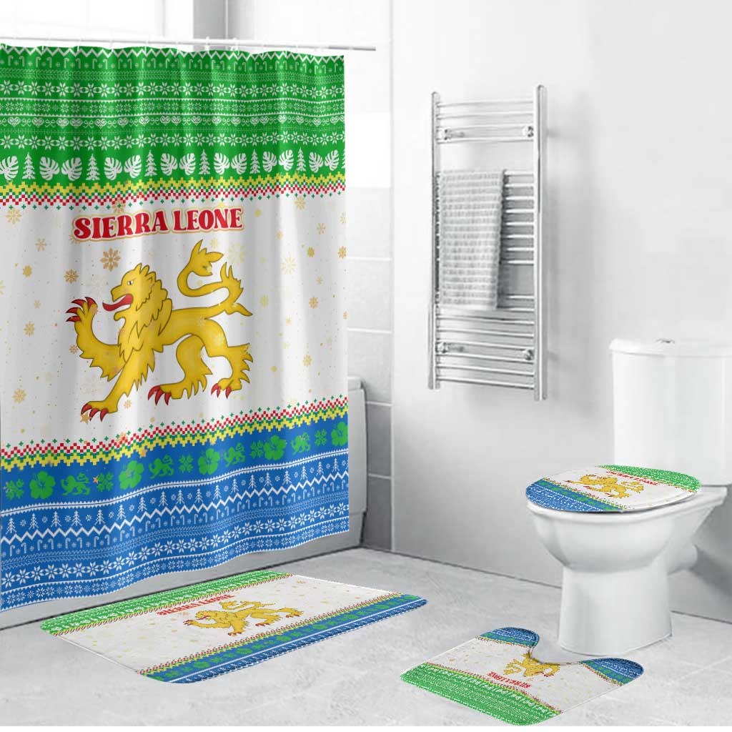 Sierra Leone Christmas Bathroom Set with Festive Green Pattern, Golden Lion Emblem, and Santa Sleigh Motif - Wonder Print Shop