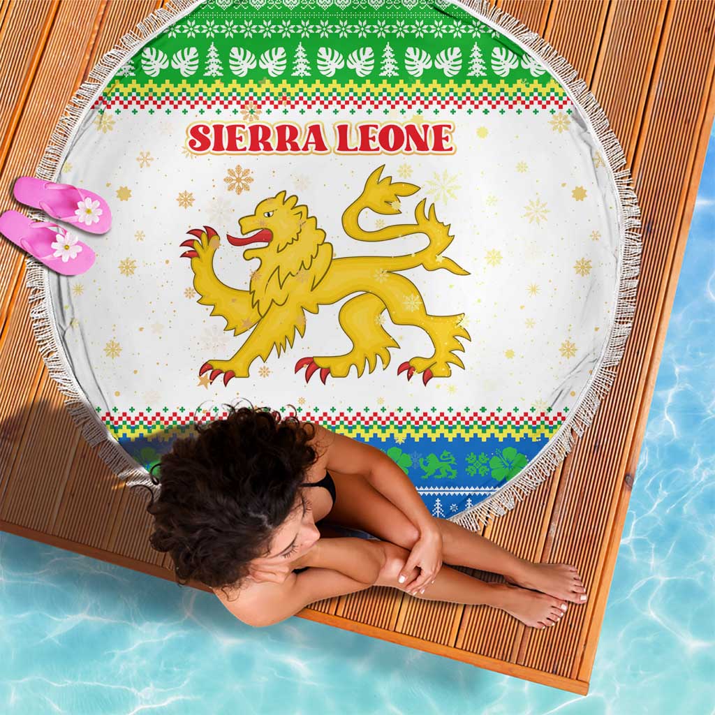Sierra Leone Christmas Beach Blanket with Festive Green Pattern, Golden Lion Emblem, and Santa Sleigh Motif - Wonder Print Shop