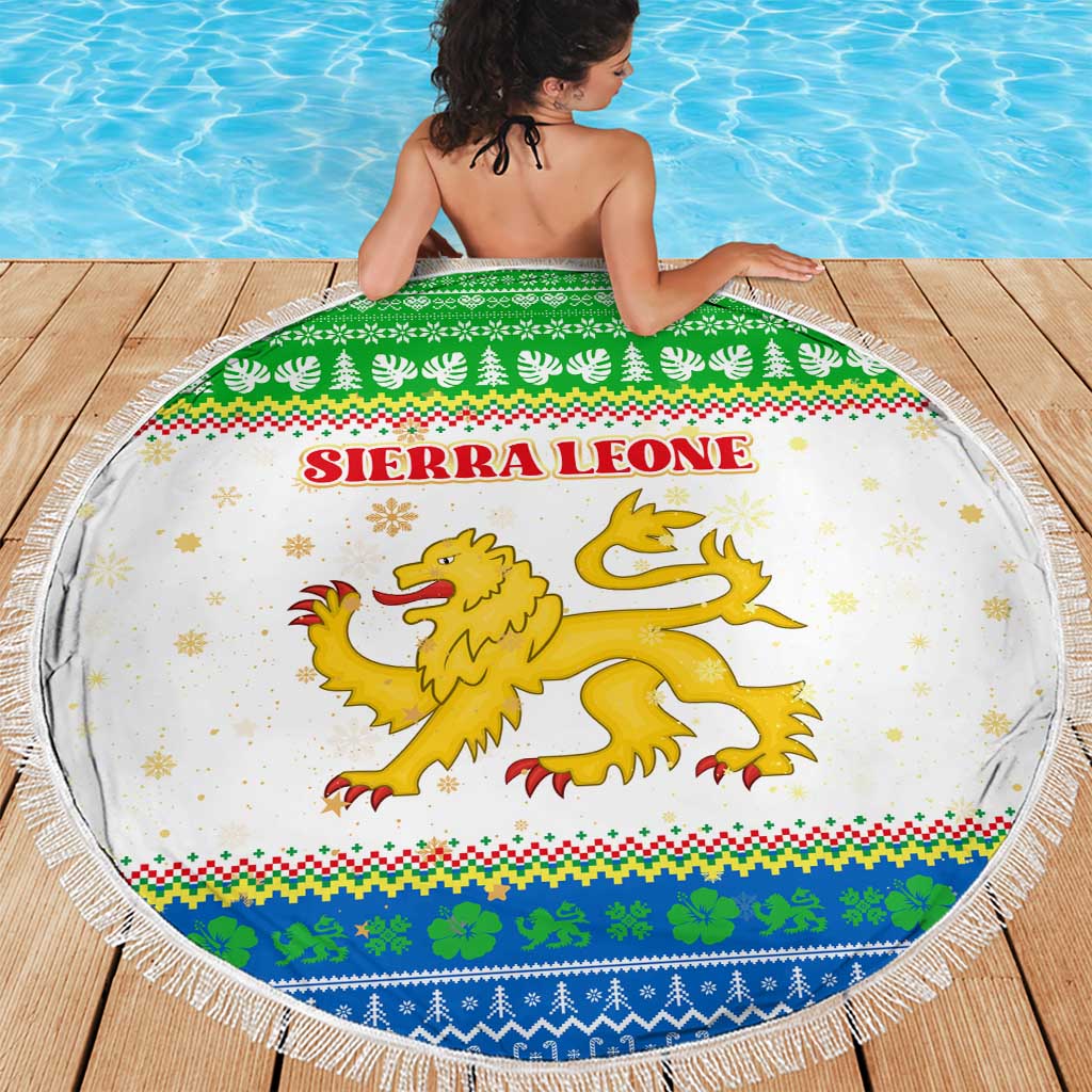 Sierra Leone Christmas Beach Blanket with Festive Green Pattern, Golden Lion Emblem, and Santa Sleigh Motif - Wonder Print Shop