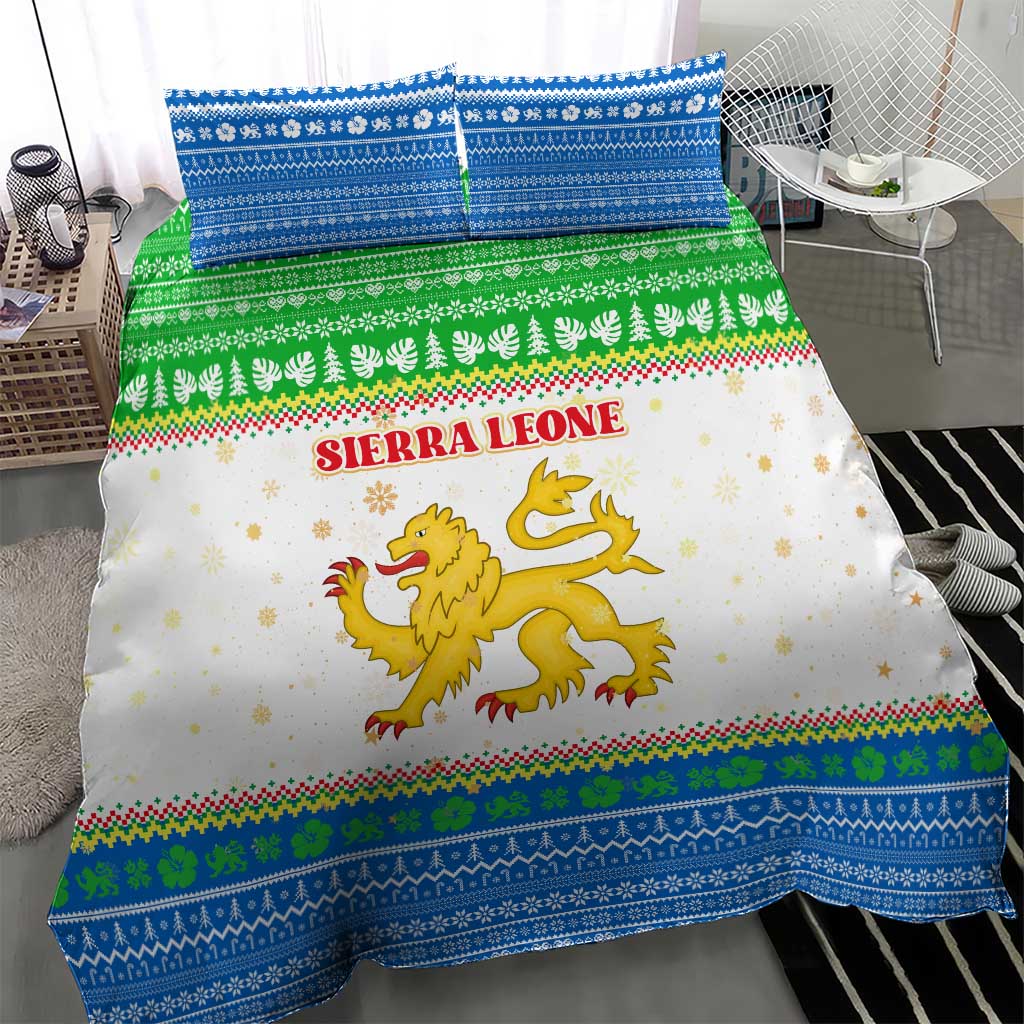 Sierra Leone Christmas Bedding Set with Festive Green Pattern, Golden Lion Emblem, and Santa Sleigh Motif - Wonder Print Shop